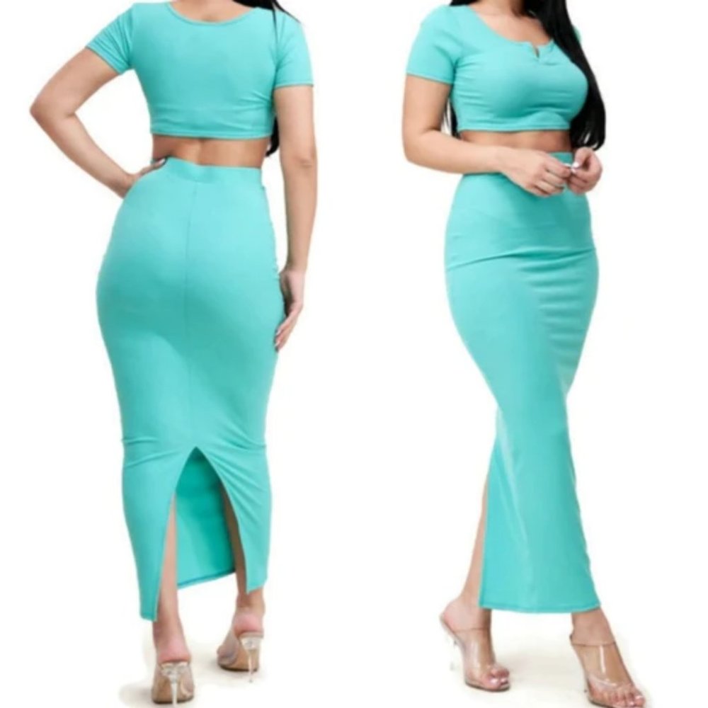 Hailey Solid Teal Ribbed Knit Crop Top Maxi Skirt